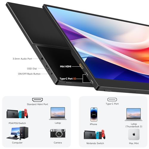 Image of memzuoix 15.6 inch 60hz FHD 1080p Portable Monitor with Black Smart Cover and 2 Built-in Speakers, for Laptop PC Mac Phone Xbox PS4 /PS5