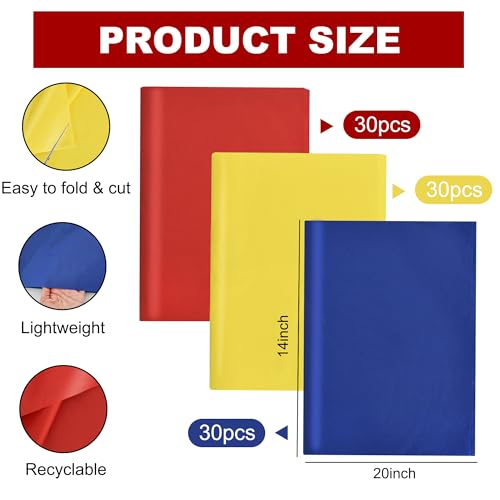 Image of BEISHIDA 90 Sheets Red Yellow Blue Tissue Paper Bulk,Wrapping Tissue Paper for Gift Bags, 14 x 20 Inch Gift Wrap for Birthday Party DIY Crafts Decor Holiday Flowers