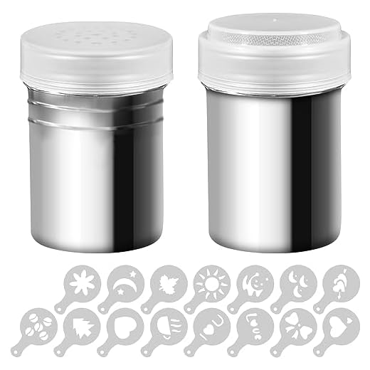 2 piezas Acero inoxidable Dragas y coctelera en polvo con 16 pcs plantillas de moldes de impresión, Senhai sal Pimienta café Cacao Canela Poder puede para Cocina Horneando Cocina