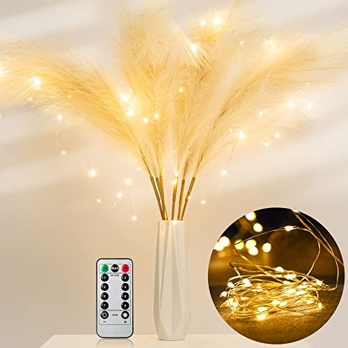 JACKYLED Pampasgras, Dekoration, hoch, 110 cm, 6 künstliche Pompös-Graszweige mit LED-Lichterkette, künstliches flauschiges Pampasgras für Bodenvasen, Hochzeitsdekoration, Esstisch, Bankette (beige) Cover