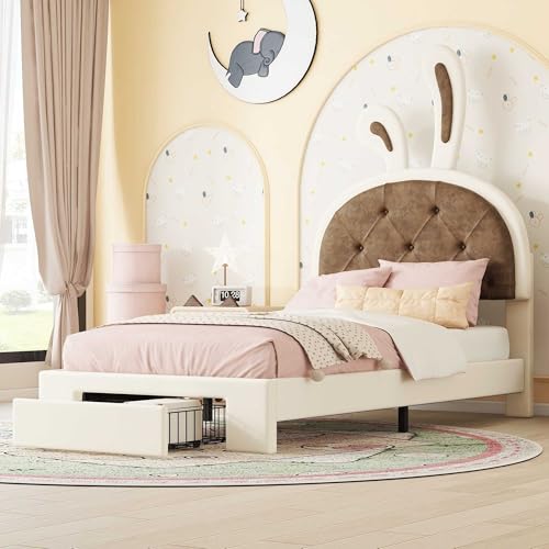 NIUAWASA Cama infantil plana con diseño de conejo, de poliuretano, color beige, sin colchón