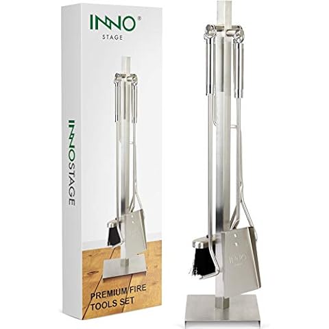 INNO STAGE 5 Pieces Fireplace Tools Set for Indoor Fire Place, Stainless Steel Poker Wood Stove Log Tongs Holder Shovel and Brush Fireset Kit for Fire Pit or Hearth Decor Accessories with Gift Box Cover