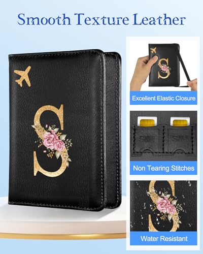 Slohif Initial Passport Holder Cover Wallet Case for Travel Women - Leather Letter Passport Book Family Multiple Personalized Organizer Card Slots Protector Sleeve Essentials Slim Carrier Black S4