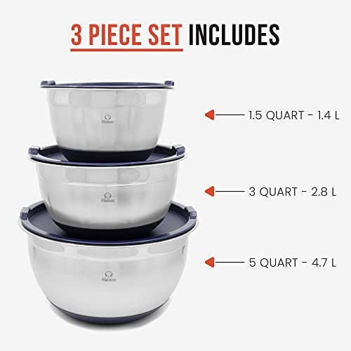 Chef Pomodoro Mixing Bowls With Lids, Stainless Steel Bowl Set, Non-Slip Silicone Base, Navy Blue, Mixing Bowl Set - 3 Piece (1.5 Qt, 3 Qt, 5 Qt), Bowls For Kitchen Storage, Cooking (Navy) #TOP6