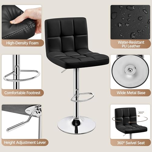 Image of Yaheetech Bar Stools Set of 4, PU Leather Swivel Barstools, Height Adjustable Counter Chairs with Back for Bar Kitchen Island Dining Room, 300lb Capacity, Black