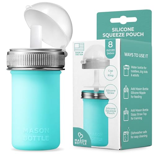 Image of Mason Bottle Silicone Squeeze Pouch for Baby Food - Reusable Silicone Pouches for Toddlers - Baby Bottle with Straw - BPA & BPS-Free Snacker Pouch for Soft Food & Liquid - Made in USA (8oz, Teal)