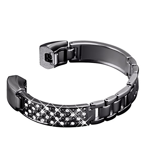 bayite Metal Bands Compatible with Fitbit Alta and Alta HR, Jewelry Bangle Adjustable Bracelet with Rhinestone? (Black, 5.5