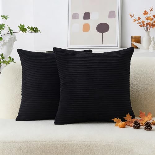 Home Brilliant Striped Corduroy Pillow Covers for Bed Set of 2 Super Soft Velvet Square Halloween Decorative Pillow Cases, 18 x 18 inch, Black