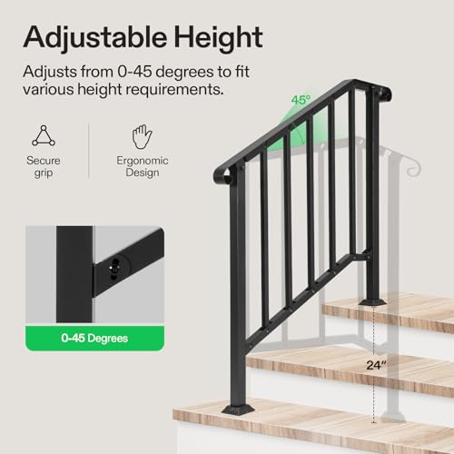 Image of VIVOSUN 3-Step Railing 40 inchx36 inch Wrought Iron with Curved & Balusters Black | Sturdy wrought iron handrail with curved ends and balusters for elderly; rustproof black; full hardware; for porch and deck