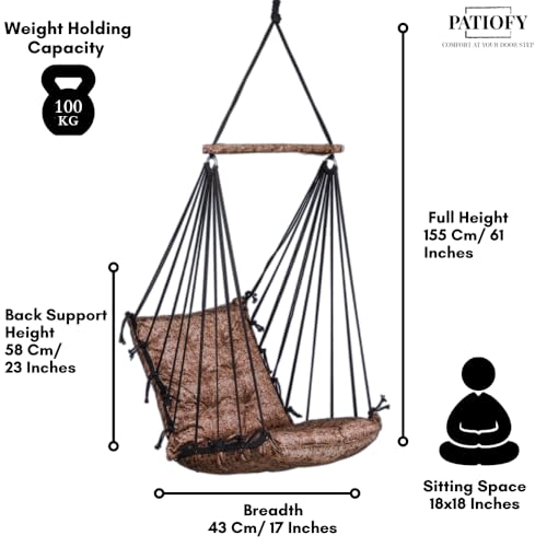 Image of Patiofy Jhula for Balcony /Swing for Balcony for Adult /Jhoola for Home /Wooden Swing Indoor /Hammock /Suitable for Indoor & Outdoor / 120Kgs Weight Bearing Capacity (Texture Light Brown)