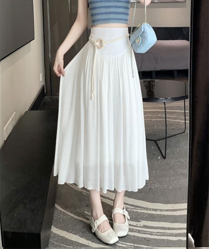 chouyatou Women's High Elastic Waist Swing Skirt Flowy Pleated Cotton Linen Midi Long Skirt with Belt2