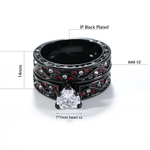 Couple Rings Black and Red Matching Rings His and Her Rings Heart CZ Women Wedding Ring Sets Titanium Men Wedding Bands3