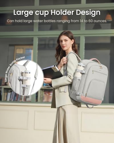 Image of LOVEVOOK Travel Backpack for Women, 50L Carry On Backpack Flight Approved with Garment Bag, Personal Item Travel Bag Fit 17 Inch Laptop, Business Weekender Overnight Daypack With 2 Cubes, Pink-Grey