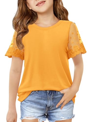 Image of Haloumoning Girls Lace Short Sleeve T Shirts Kids Summer Crewneck Tunic Tops Curved Hem 5-14 Years
