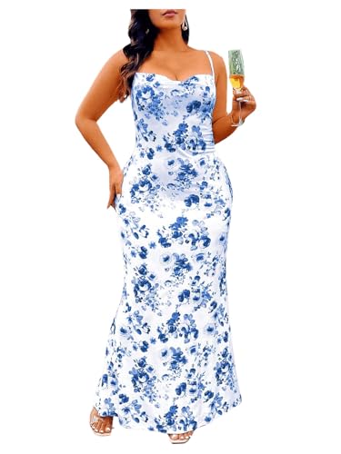 Floerns Women's Plus Size Floral Print Sleeveless Cowl Neck Criss Cross Maxi Cami Dresses