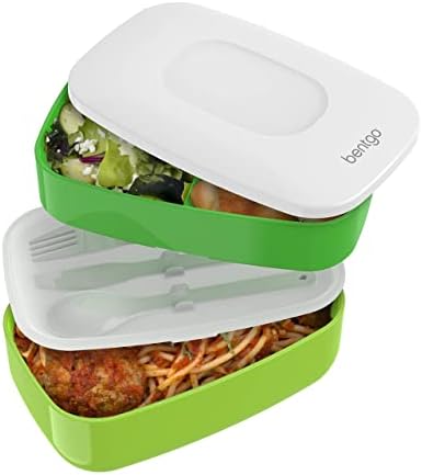 Bentgo® Classic – Adult Bento Box, All-in-One Stackable Lunch Box Container with 3 Compartments, Plastic Utensils, and Nylon Sealing Strap, BPA Free Food Container (Green)