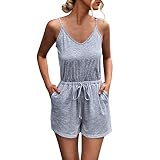 Frauen Sexy V-Ausschnitt Feder Solide Ärmellose Bandage Lose Shorts Overalls Jumpsuit Schlafanzug Damen S, gris, XL
