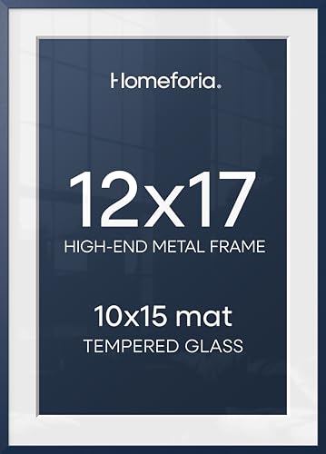 Image of Homeforia 12x17 Picture Frame Navy Blue, High End Metal 12x17 Poster Frames with Mat 10x15 Photo, 12 x 17 Navy Blue Frame Matted to 10 by 15 Print, 17x12 Thin Frame, Tempered Glass, Wall Kit, Set of 2