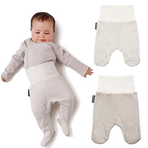 Polainas Bebe Algodon LaLoona – Pack de 2 Cálidas Polainas Bebe Recien Nacido, Pantalon Bebe con Pies de Algodón Transpirable, OekoTex® 100, Rayas Blancas Beige