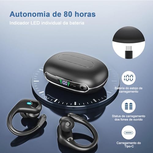 Fones de ouvido sem fio Bluetooth 5.3, fones de ouvido estéreo com graves e ganchos, reprodução de 8