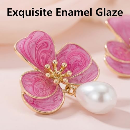 Faux Pearl Pink Flower Earrings for Women Enamel Drop by Vougalu - Used condition - Image 2