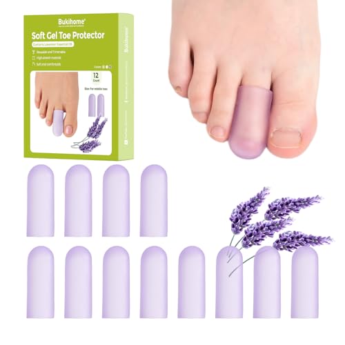 Image of Bukihome Silicone Toe Protectors - 12 Pack Gel Toe Sleeves Toe Protectors - Toe Caps Toe Cushions for Pain Relief, Toe Protection for Corns, Calluses (Lavender, Small)