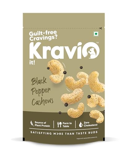 Image of Kravio Premium Black Pepper Roasted Cashew Nuts 200g | Zero Cholesterol Natural Jumbo Size Whole Kaju Nuts & Dry Fruits | Rich in Protein, Roasted Crunchy Delicious Healthy Snacks