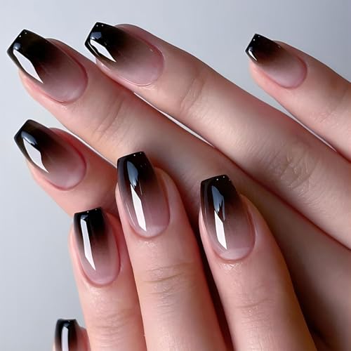 Cosmeria Press On Nails, 24 unidades de uñas postizas negras con accesorios, uñas postizas para mujeres, perfectas para fiestas, bodas y días festivos