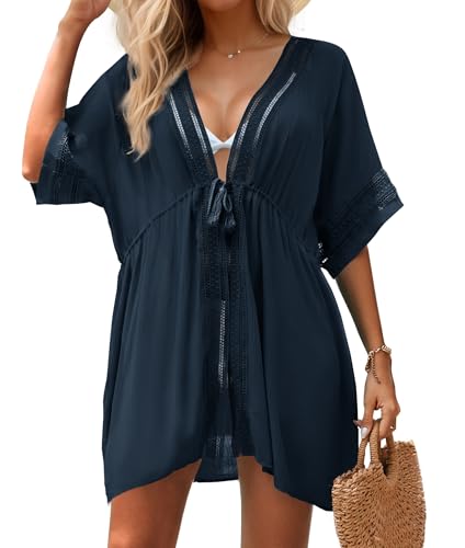 Zeregos Women Swimsuit Cover Up Boho Beach Coverups for Bathing Suits Open Front Swimwear with Pockets Navyblue