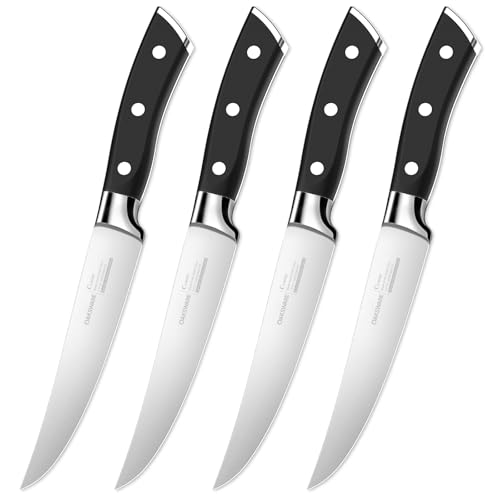 Steak Knives Set of 4, OAKSWARE Non Serrated Steak Knife with Ergonomic Full Tang Forged Handle, 5 Inch German High Carbon Stainless Steel Straight Edge Dinner Knives for Family Dinning, Camping & BBQ