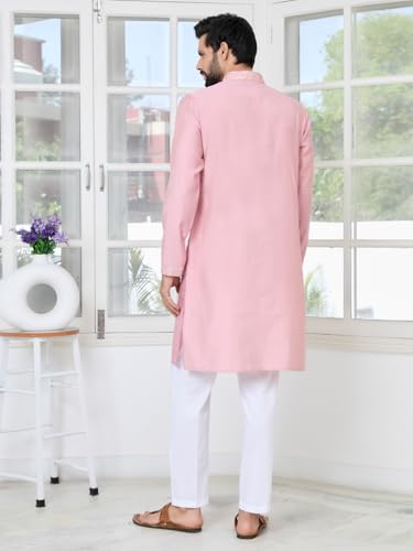 Image of See Designs Men's Full Sleeve Mandarin Collar Sequins Embroidered Chanderi Straight Long Kurta with Yoke Design - Festive Collection