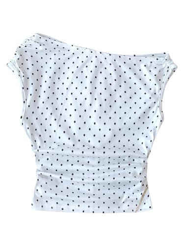 GORGLITTER Girls Polka Dots Crop Tops Y2K Off The Shoulder Ruched Cinched Waist Tank Top Trendy Fashion White 10Y