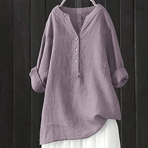 Blusa feminina de linho manga 3/4 de verão, camisas Henley, com botões, túnica plus size, casual, ro
