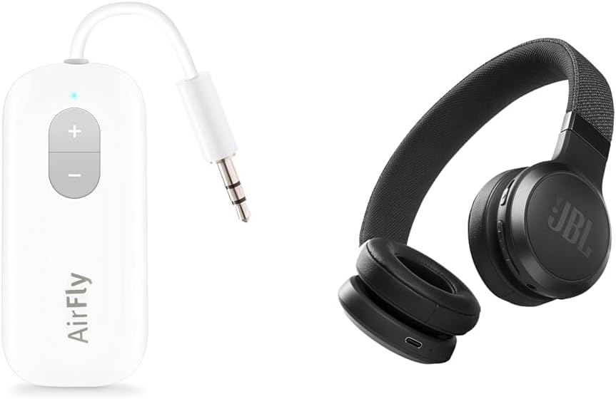 Twelve South AirFly SE, Premium Bluetooth Wireless Audio Transmitter & JBL Live 460NC - Wireless On-Ear Noise Cancelling Headphones with Long Battery Life and Voice Assistant Control - Black, Medium