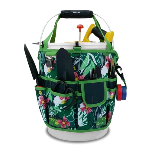 KUNN Bucket Tool Organizer 5 Gallon 18-Pocket Gardening Tool Bag with Hangable Handle | Garden Caddy & Bucket Accessory, Green
