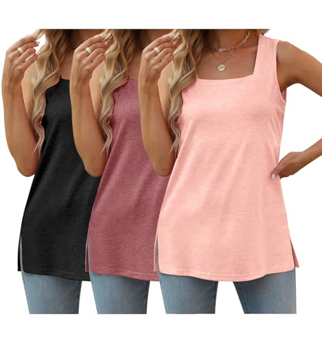 3 Pack Womens Summer Tank Tops Square Neck Solid Color T-Shirts Trendy Side Split Fashion Casual...