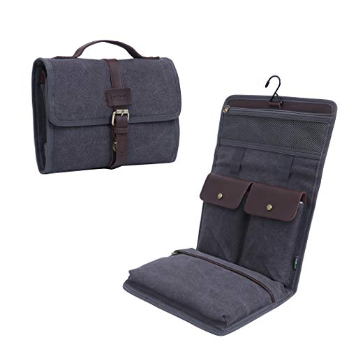 Lavievert Trousse de toilette pliable en toile et cuir véritable avec crochet pour voyage/vacances/usage domestique, Noir (Noir) - WGXSB007 Cover