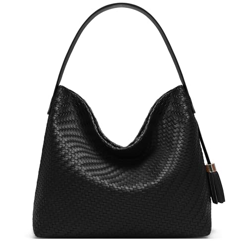 Kiss Sea Leather Hobo Bags for Women Woven Tote Bag Designer Shoulder Handbags with Adjustable Straps Carry Daily Need Black
