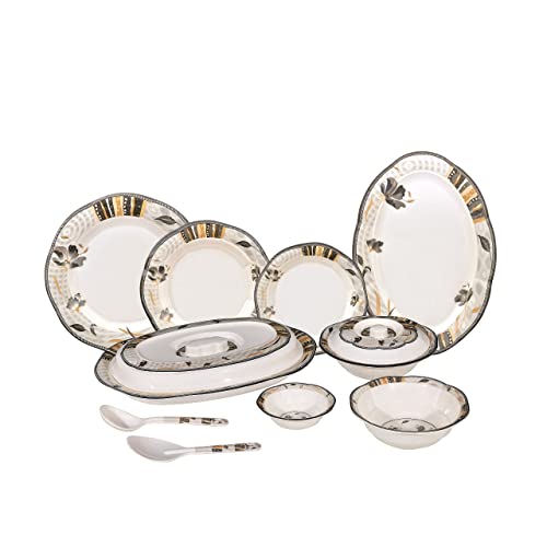 Juego de vajilla de melamina de 36 piezas, diseño contemporáneo de flores, inastillable, ligero, platos y cuencos artesanales de doble cuenta, cena de esmalte reactivo sólido (gris y naranja)