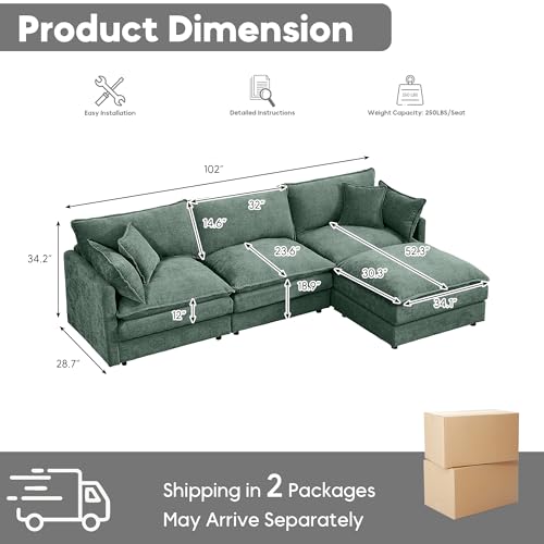 Image of 102 inch L Shaped Modular Sectional Sofa, Comfy Upholstery Chenille Cloud Couch with Ottoman, Modern 4-Seat Deep Seat Sofa with Pillow for Living Room, Bedroom, Apartment, Sage Green