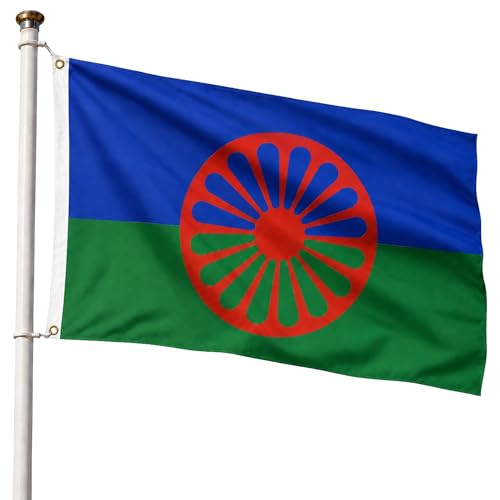 Bandera Gitana 90x150cm,  Bandera del pueblo gitano con 2 Ojales de Latón, Bandera Romaní, Gypsy Flag, Apta para exterior, Material Poliéster, Resistente al viento y lluvia, 90x150cm