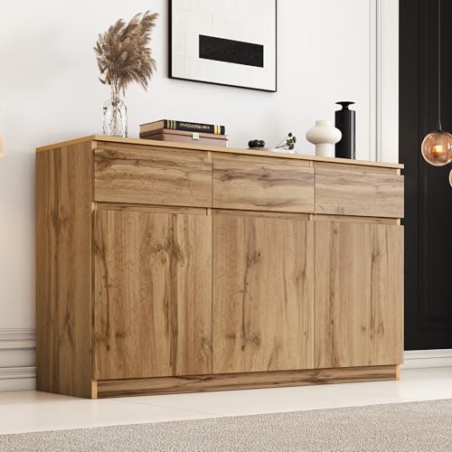 KAZZIO Aparador multifuncional con aspecto de madera original con 3 puertas y 3 cajones, amplio armario de cocina, 135 x 40 x 81 cm