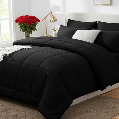 CozyLux Full Size Comforter Sets Black - 7 Pieces Bed in a Bag