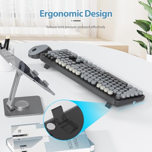 Image of Owpkeenthy Retro Keyboard and Mouse Wireless, Cute Black Keyboard with Retro Typewriter Style Full-Sized with Number Pad Round Keys for Desktop, Laptop and Computerr (Gradient Dark)