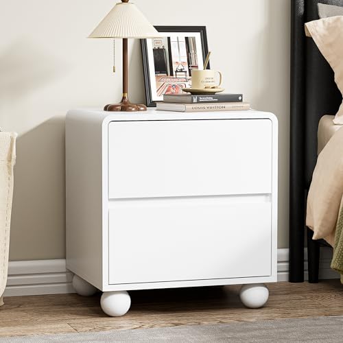 Image of Furniway White Nightstand Set of 2, Modern 2 Drawer Bedside Table with Curved Profile Design and Handle-Free Drawers, Modern End Table with Storage for Bedroom