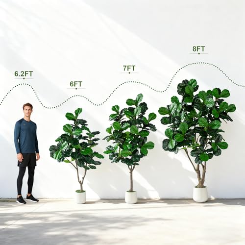 Image of Erimda Artificial Fiddle Leaf Fig Tree 7ft with White Planter Realistic Fiddle Leaf Lyrata Plant Tall Fake Tree with Natural-Looking Leaves Fake Tree for Indoor Outdoor Home Office Decor