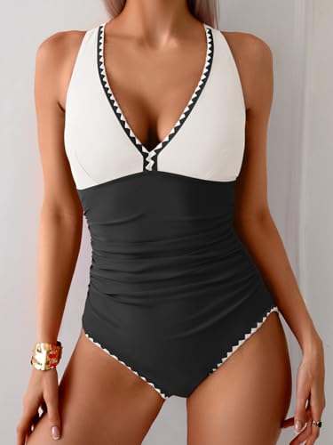 Image of B2prity One Piece Swimsuit for Women Tummy Control Ruched Bathing Suit Push Up Tie Back Swimwear Shell Stitched