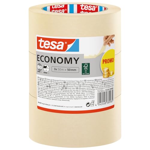 tesa Malerband ECONOMY - Vielseitiges Klebeband für Malerarbeiten ohne Lösungsmittel - Bis zu 4 Tage nach Gebrauch rückstandslos entfernbar, 3x 50 m x 50 mm