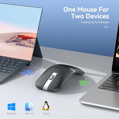 Wireless Mouse Foldable Bluetooth 2.4GHz Dual Modes Rechargeable Portable Curved Mouse Silent Click USB Mice 3 Adjustable DPI for Home,Office,Travel-1pcs Black