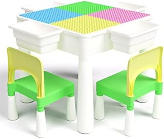 FAYDUDU 5 in 1 Kids Table and Chair Set Multi-Activity Table with 2 Chairs include 120 Pcs Large Size Blocks Play and Build Table Set with Storage (pink green)
